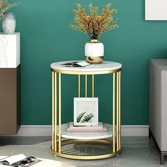 QEY Metal & Wood End Table with Storage Shelf for Home & Living Room Side & Corner Table Sofa End Table (Gold & White)