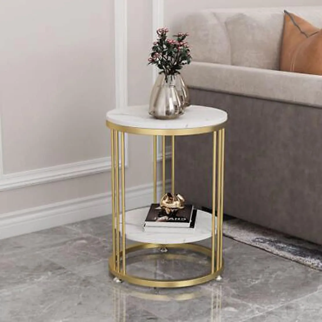 QEY Metal & Wood End Table with Storage Shelf for Home & Living Room Side & Corner Table Sofa End Table (Gold & White)