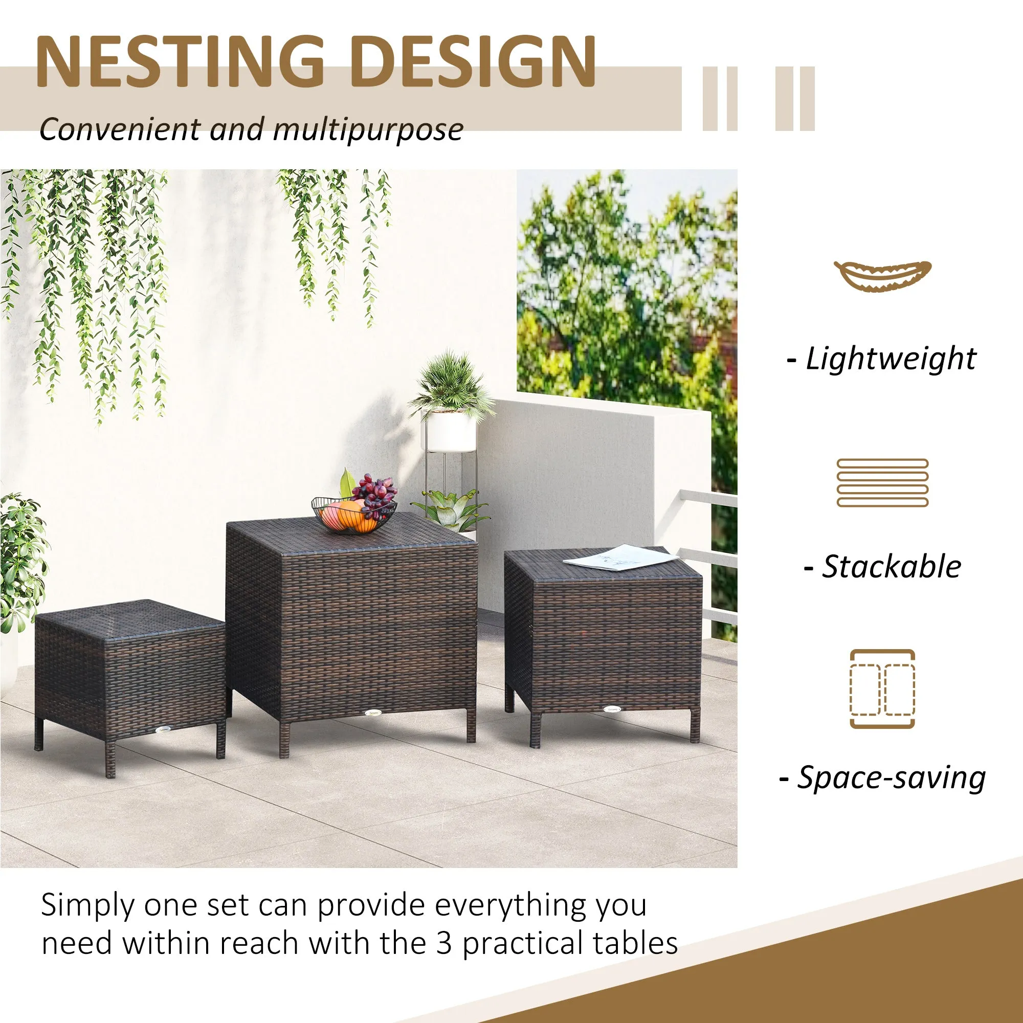 Rattan Tea Table Set Garden Furniture 3 PCs Nest of Tables Patio Outdoor End Side Table Wicker Conservatory