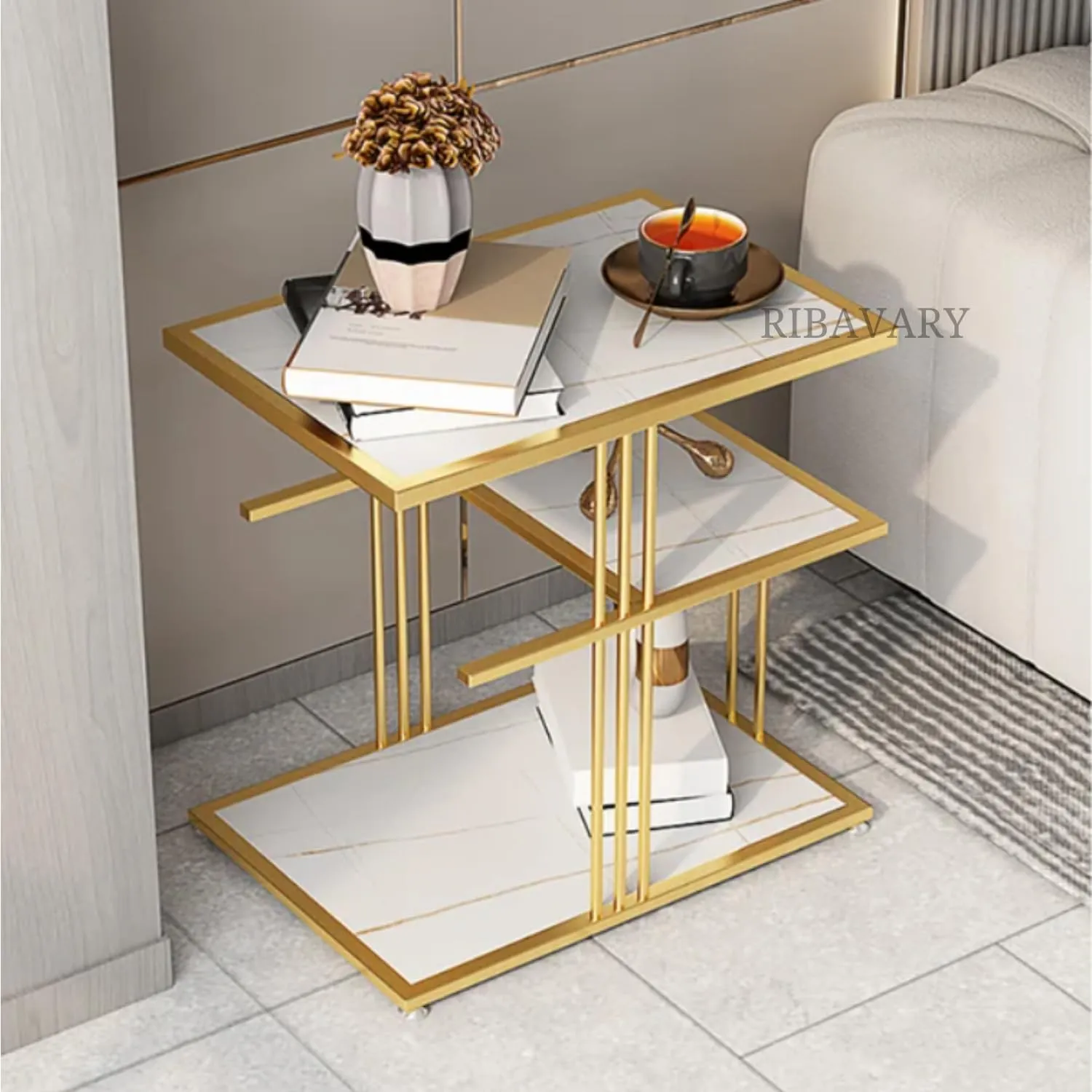 RIBAVARY™ 3- Tier Rectanglugar Metal Coffee Table for Living Room, Bedroom and Farmhouse, Side Table for Small Spaces, Attractive Practical Design (Golden & White, Rectangular 3-Tier)