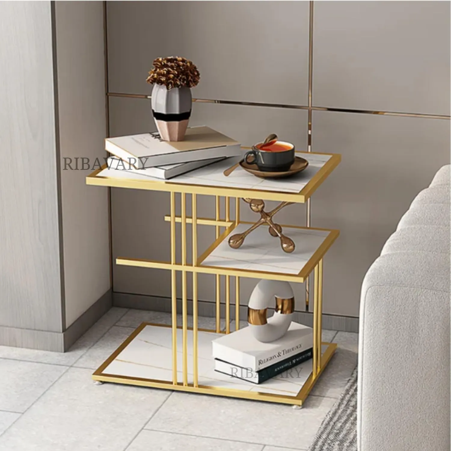 RIBAVARY™ 3- Tier Rectanglugar Metal Coffee Table for Living Room, Bedroom and Farmhouse, Side Table for Small Spaces, Attractive Practical Design (Golden & White, Rectangular 3-Tier)