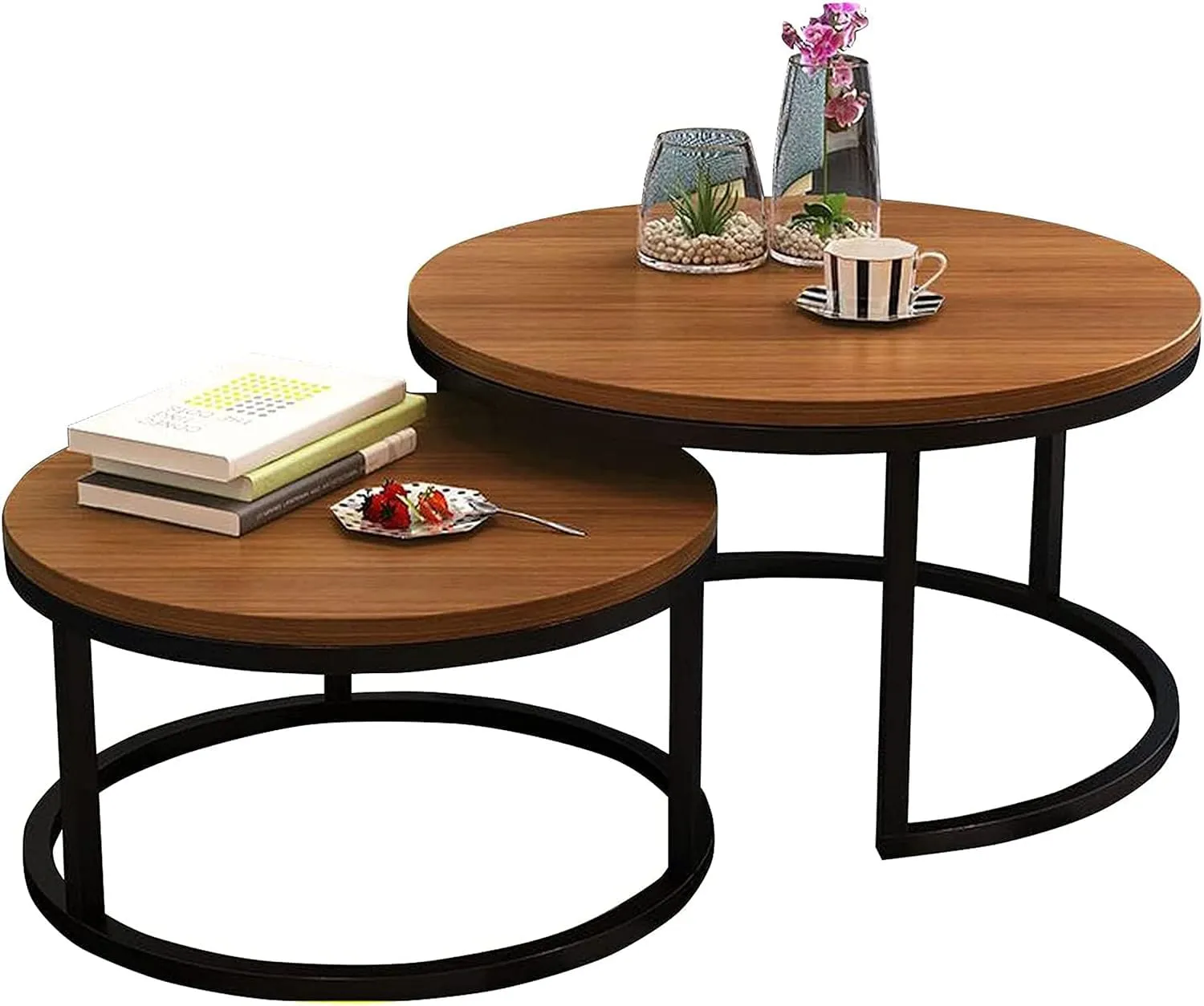 Right Choice Furnish Modern Set of 2 Nesting Coffee Tables for Home Decor Round Engineering Wood Pattern Leisure Tea Table with Side Sofa Round Cocktail Table with Metal Frame (Brown)