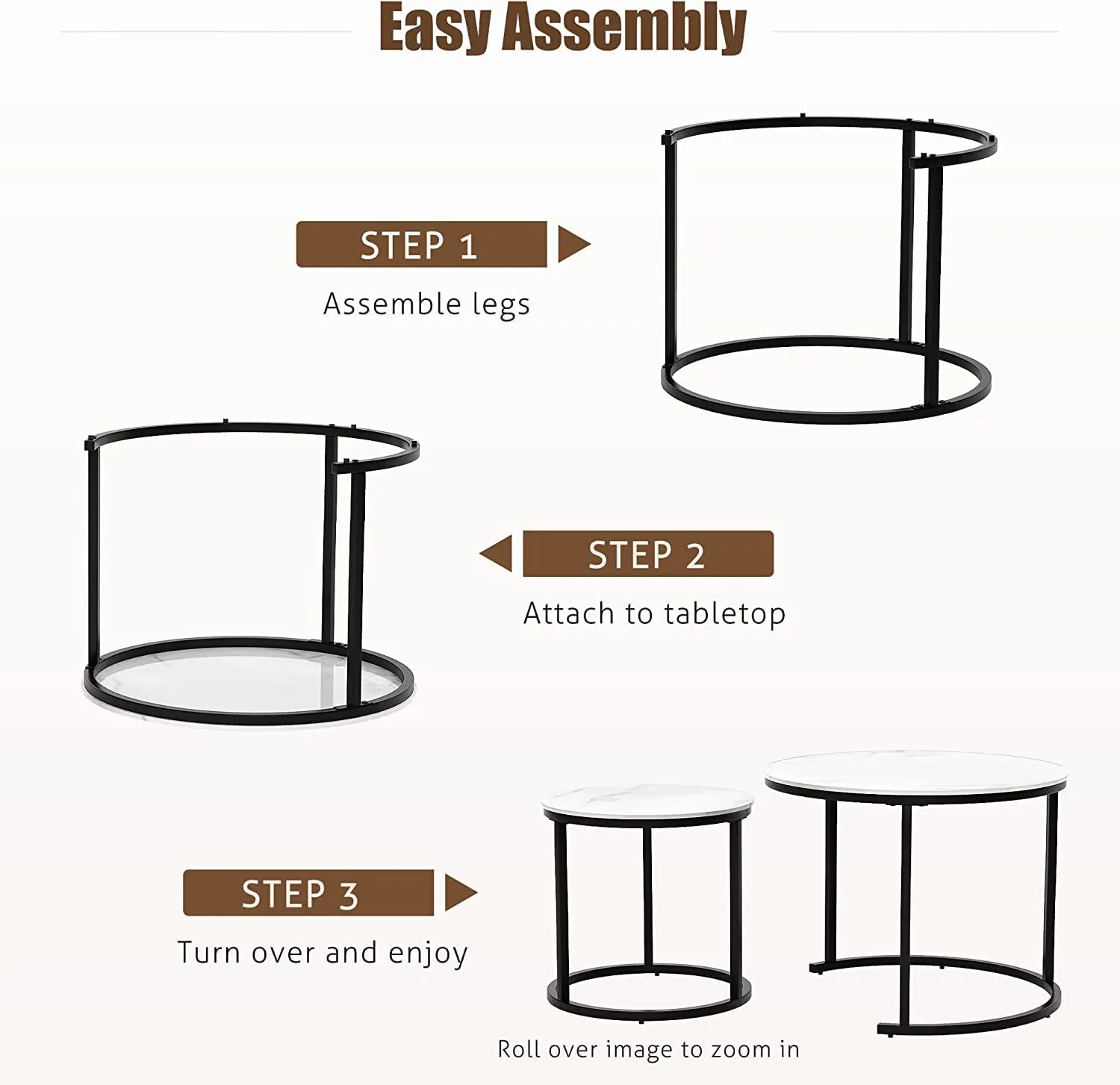 Right Choice Furnish Modern Set of 2 Nesting Coffee Tables for Home Decor Round Engineering Wood Pattern Leisure Tea Table with Side Sofa Round Cocktail Table with Metal Frame (Brown)