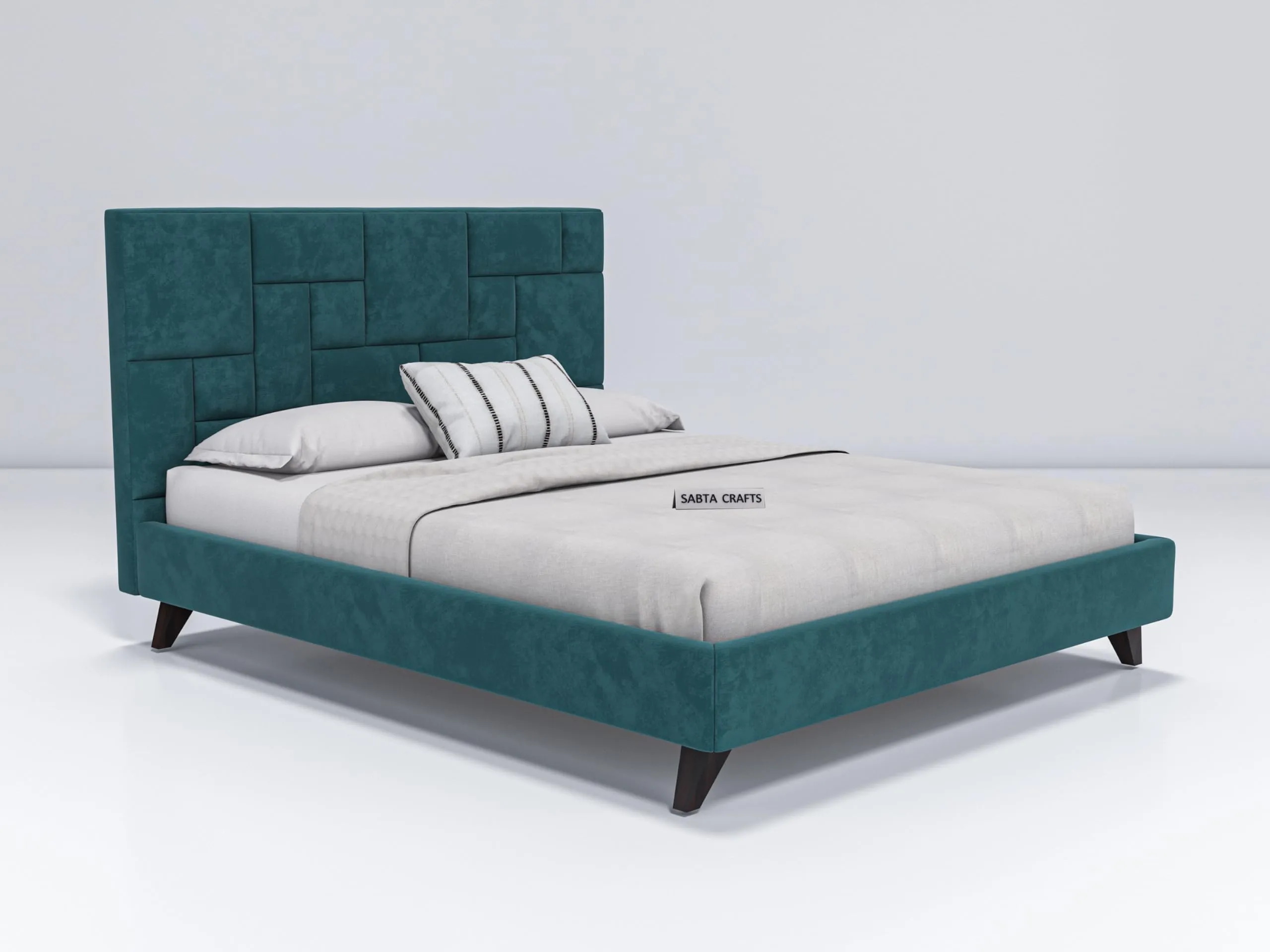 SABTA Craft Modern Upholstered King Size Bed for Bedroom | Wooden Double Bed | Platform Cot Bed with Upholstery Premium Fabric | 6.5 x 6 Ft | Sheesham Solid Wood (Brown, Turquoise)