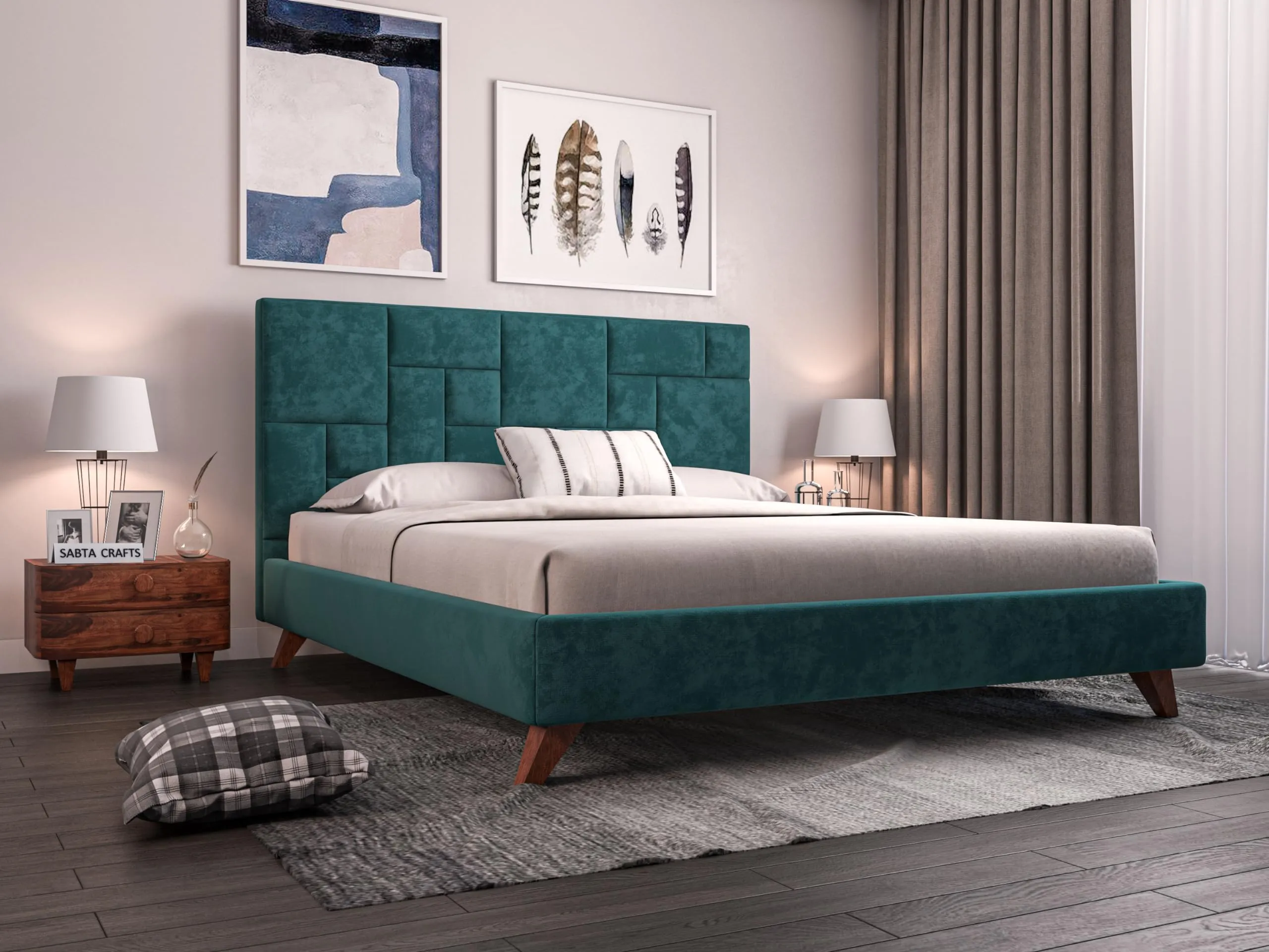 SABTA Craft Modern Upholstered King Size Bed for Bedroom | Wooden Double Bed | Platform Cot Bed with Upholstery Premium Fabric | 6.5 x 6 Ft | Sheesham Solid Wood (Brown, Turquoise)