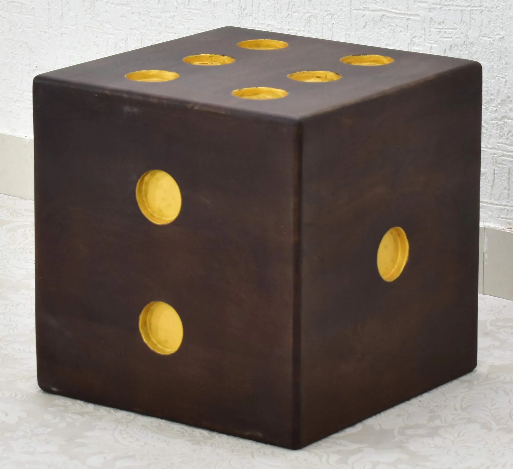 Samdecors Solid Wood 16"x16"x16" Cube/Dice Side Bar Table with Yellow Holes to Keep Glasses (Lacquer Finish, Dark Walnut)