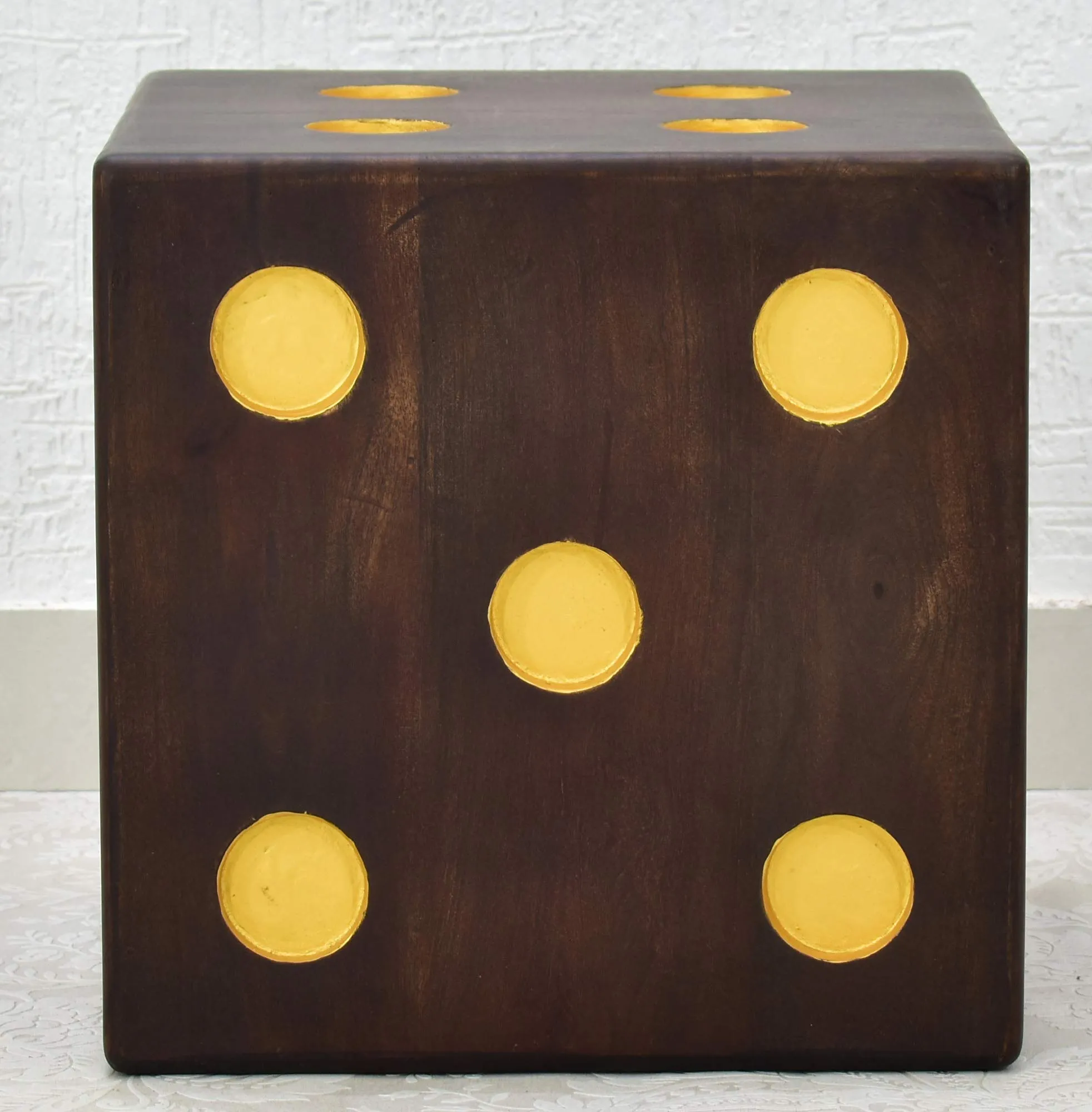 Samdecors Solid Wood 16"x16"x16" Cube/Dice Side Bar Table with Yellow Holes to Keep Glasses (Lacquer Finish, Dark Walnut)