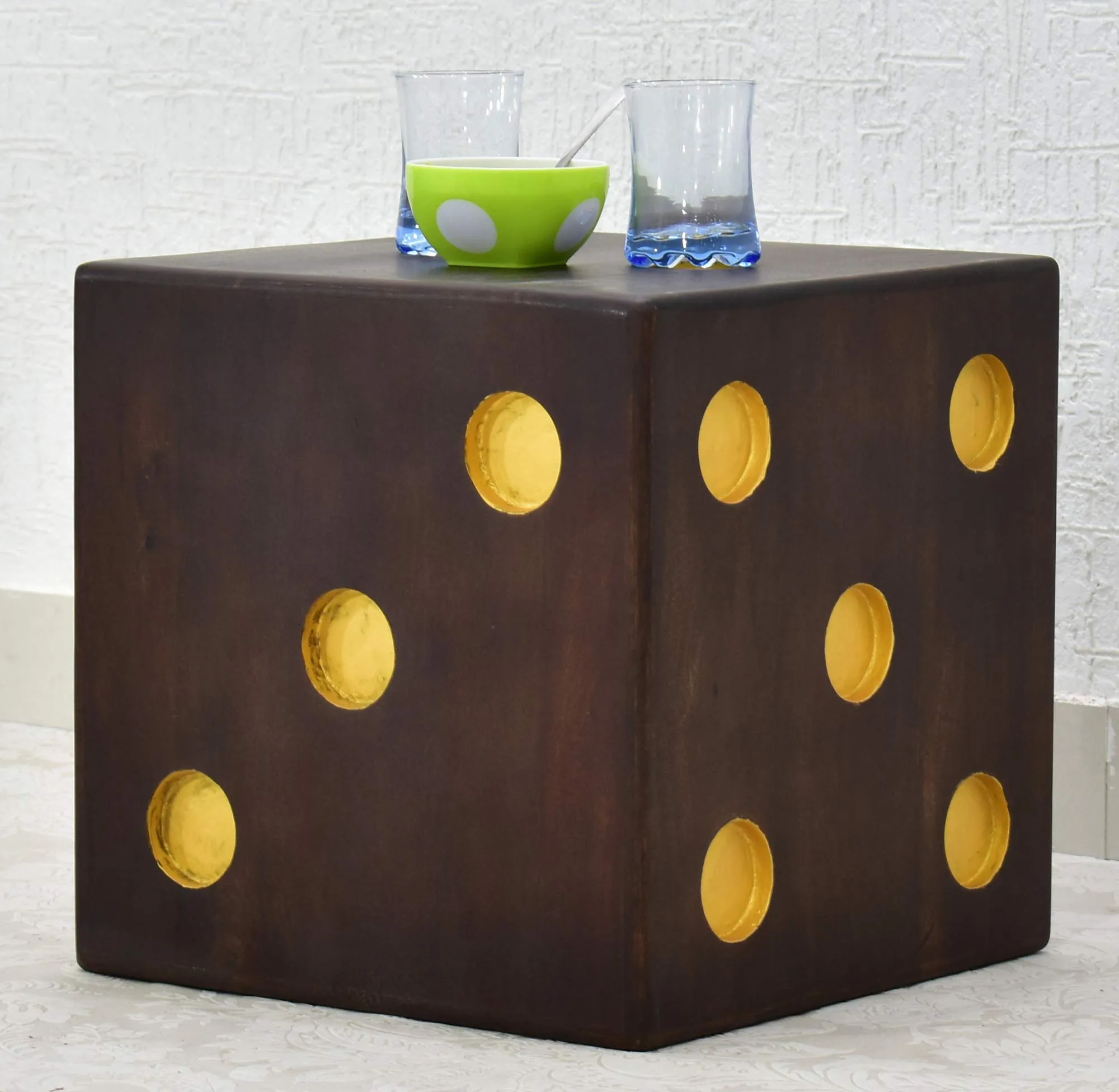 Samdecors Solid Wood 16"x16"x16" Cube/Dice Side Bar Table with Yellow Holes to Keep Glasses (Lacquer Finish, Dark Walnut)