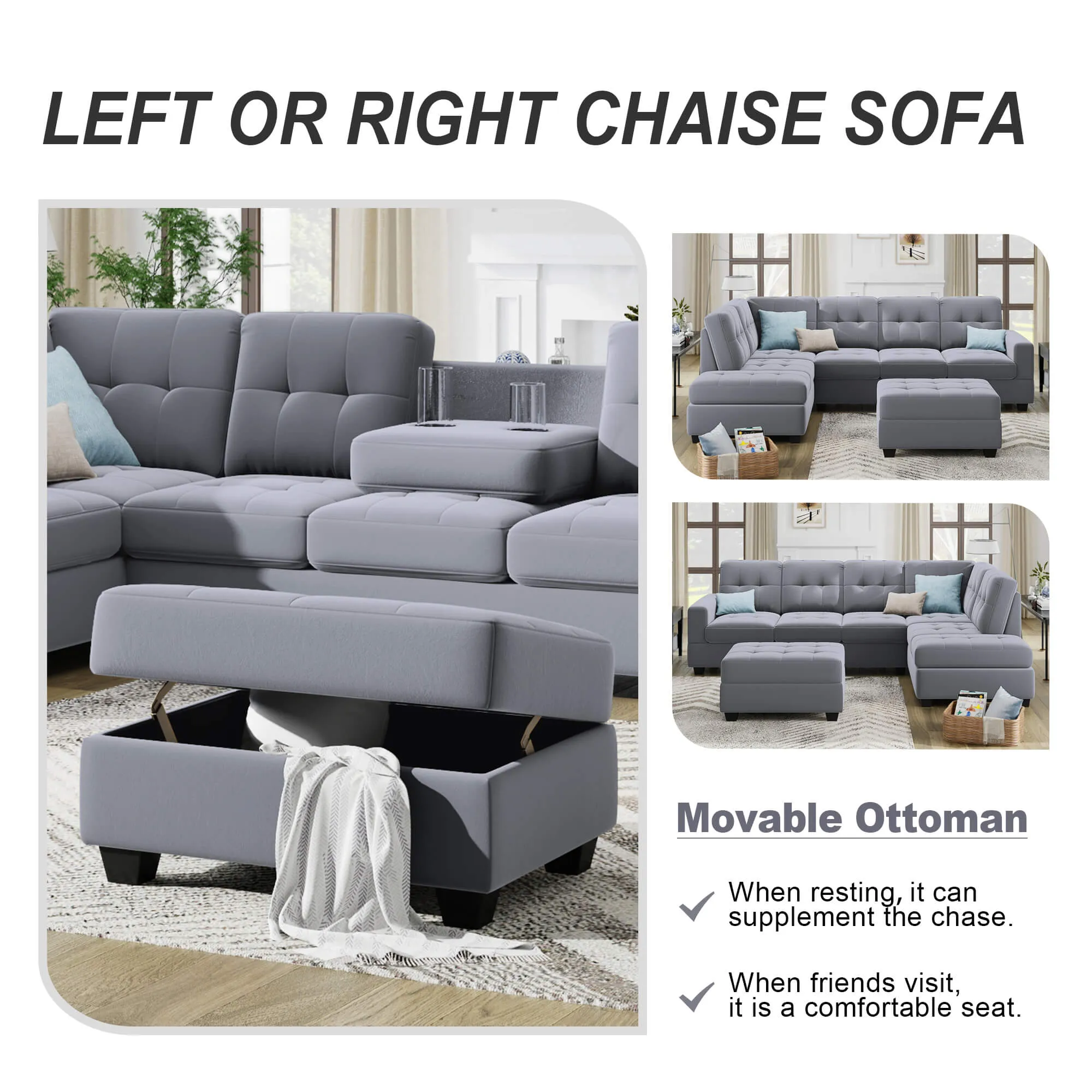 Sectional Sofa with Reversible Chaise Lounge L-Shaped Couch with Storage Ottoman and Cup Holders (Light Grey)