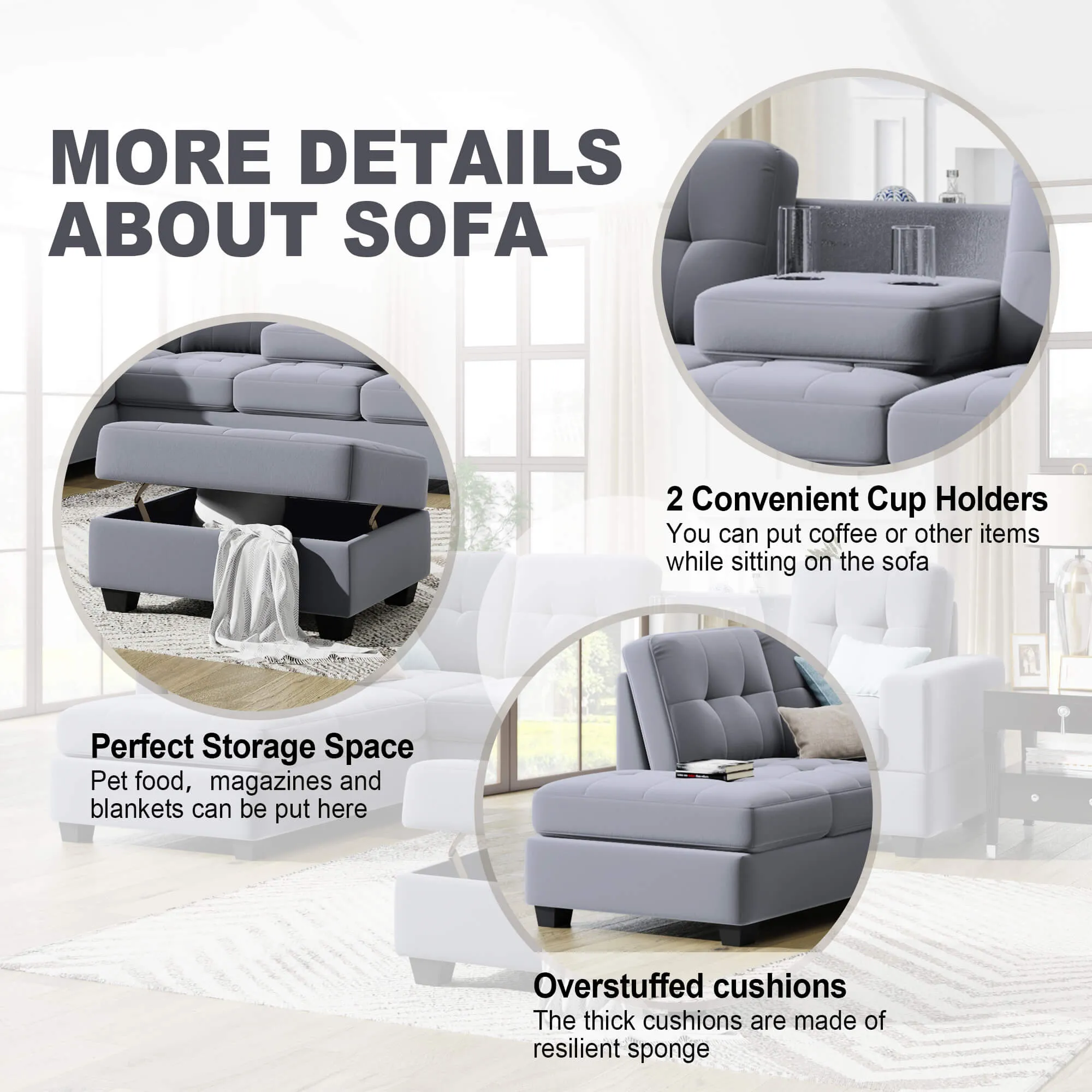 Sectional Sofa with Reversible Chaise Lounge L-Shaped Couch with Storage Ottoman and Cup Holders (Light Grey)