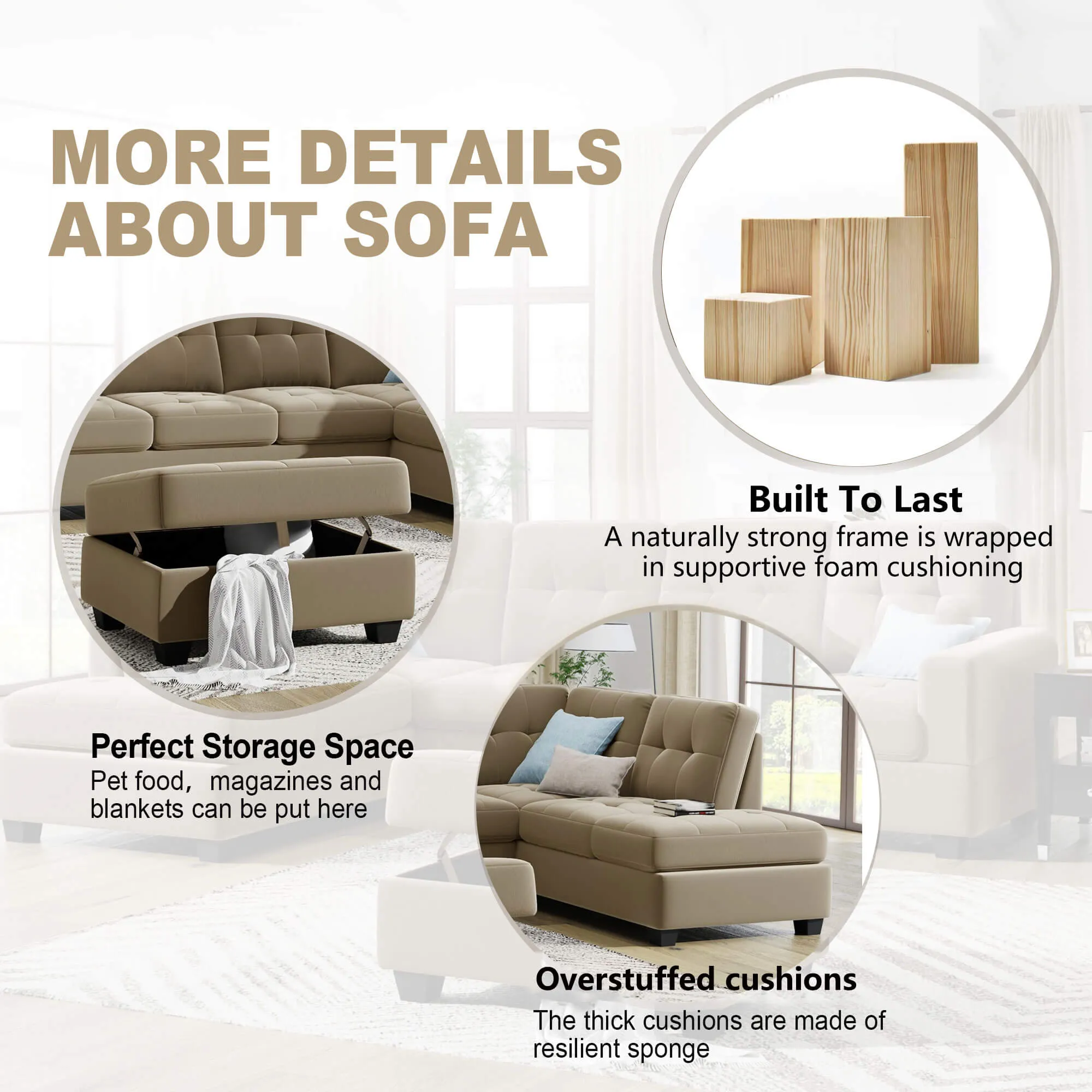 Sectional Sofa with Reversible Chaise Lounge L-Shaped Couch with Storage Ottoman (Brown)