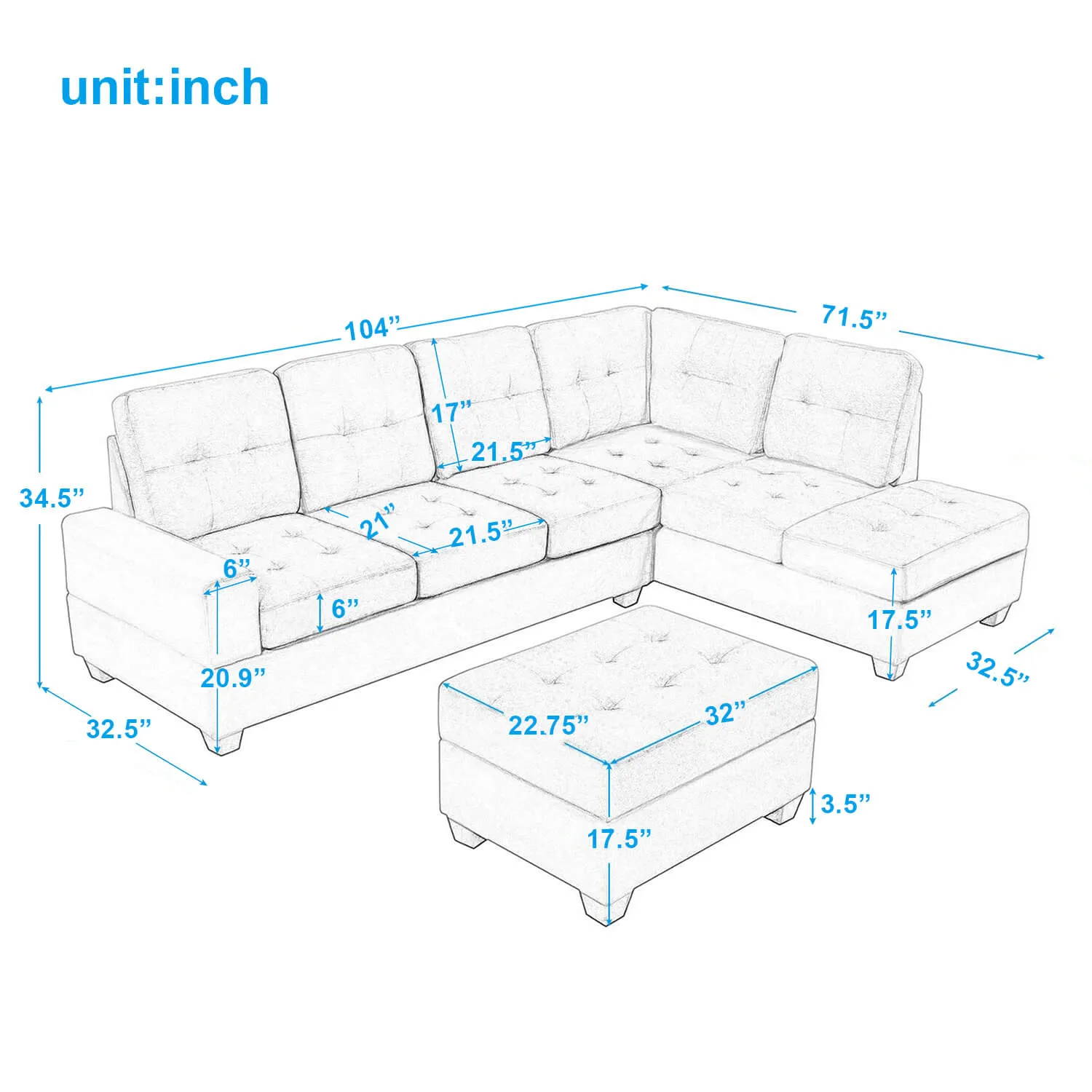 Sectional Sofa with Reversible Chaise Lounge L-Shaped Couch with Storage Ottoman (Brown)