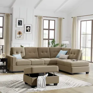 Sectional Sofa with Reversible Chaise Lounge L-Shaped Couch with Storage Ottoman (Brown)