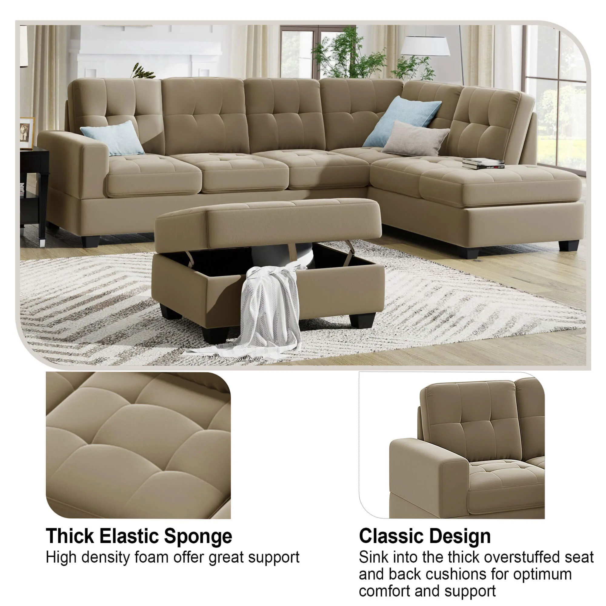 Sectional Sofa with Reversible Chaise Lounge L-Shaped Couch with Storage Ottoman (Brown)