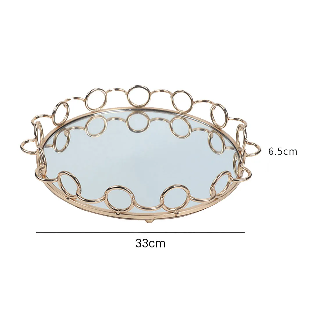 SOGA 33cm Bronze-Colored Round Mirror Glass Metal Tray Vanity Makeup Perfume Jewelry Organiser with Handles