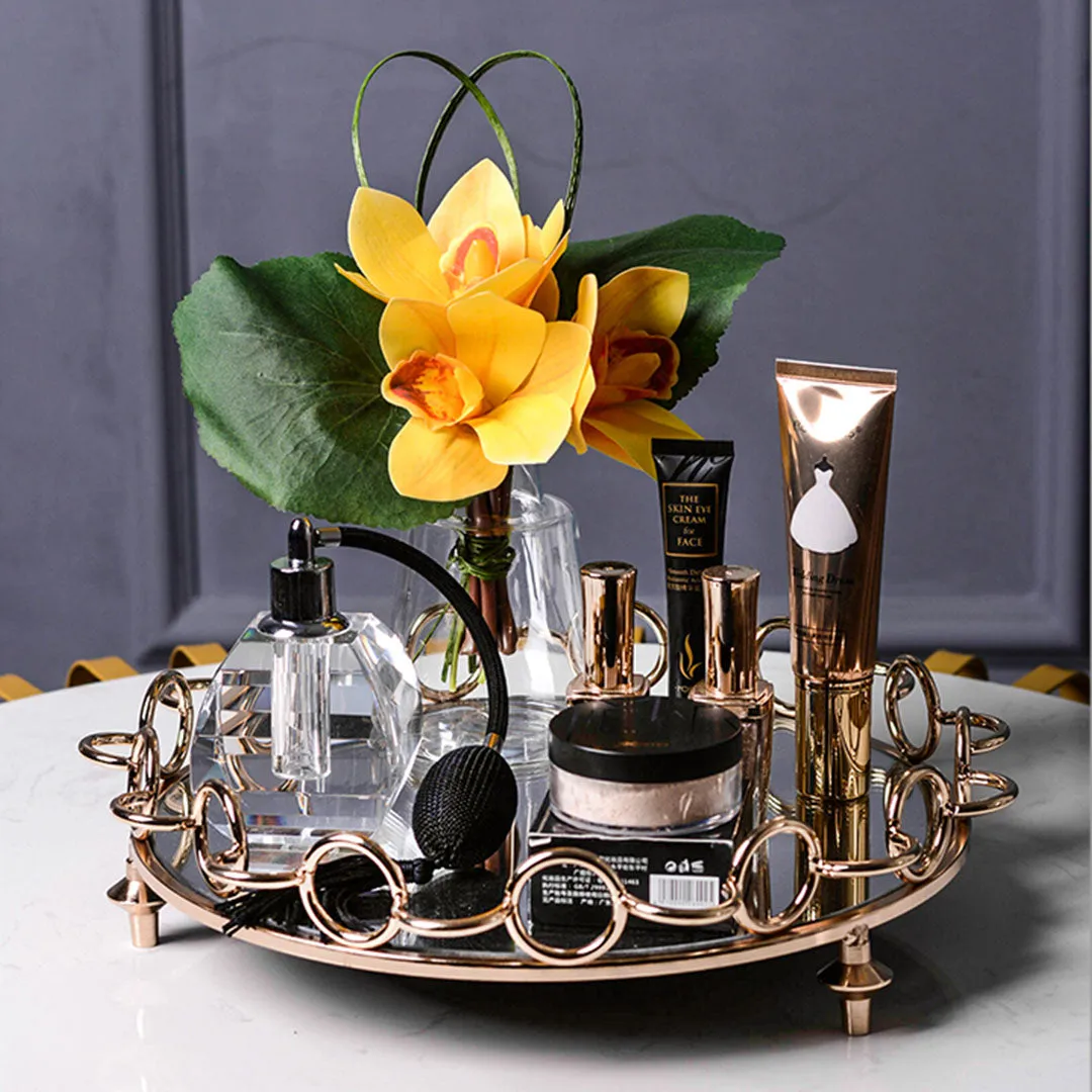 SOGA 33cm Bronze-Colored Round Mirror Glass Metal Tray Vanity Makeup Perfume Jewelry Organiser with Handles