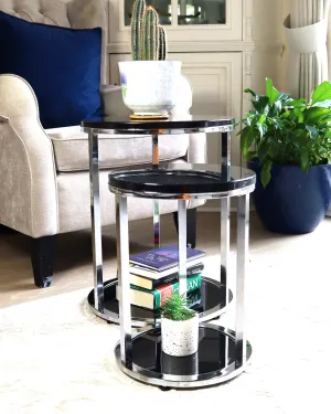 Terni Set Of 2 Tables, Glossy Black Wooden Tops and Glass Base