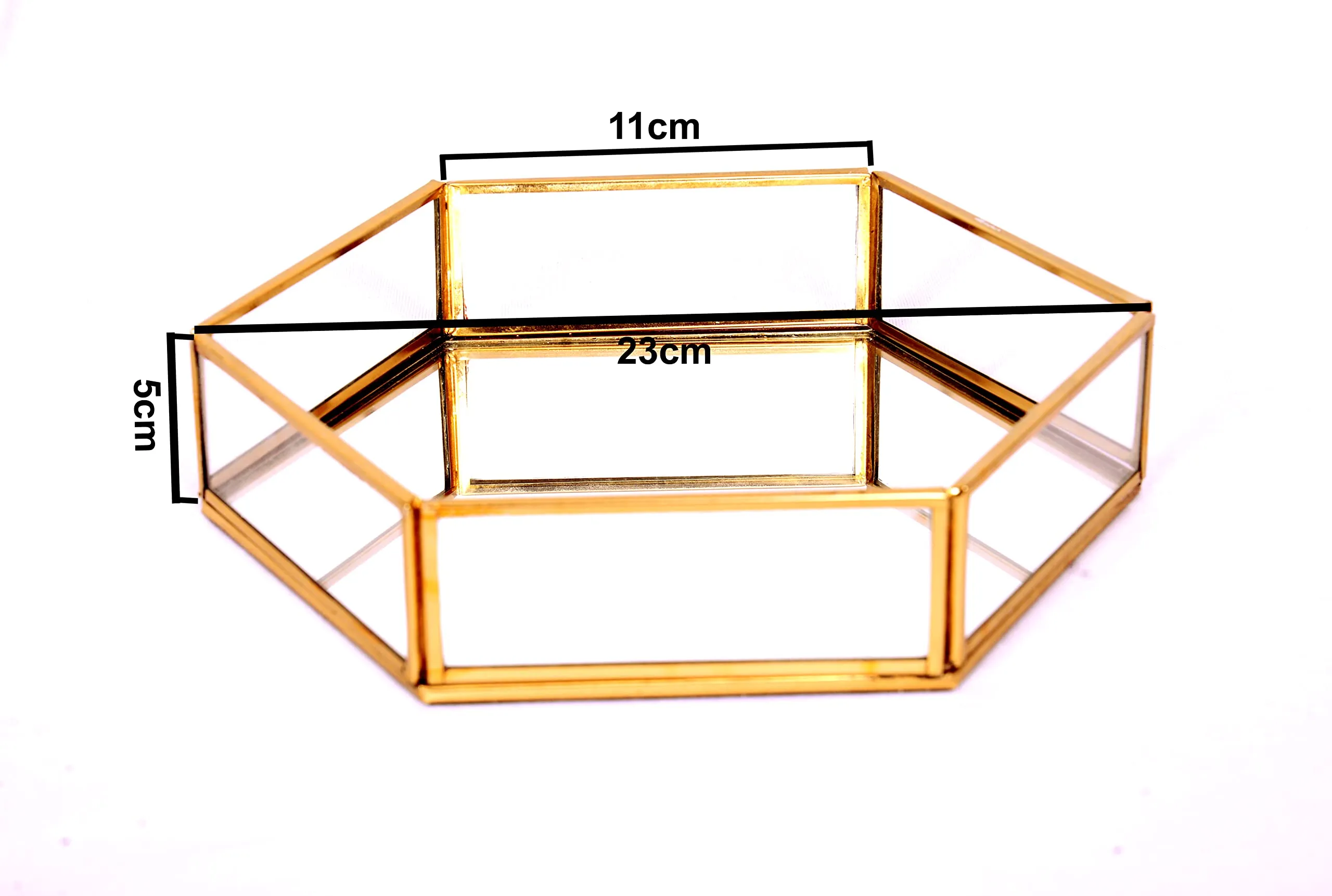 THE UNIQUE DESIGNS Unique Makeup Brush Holder, Handcrafted Clear Glass and Brass Metal Vintage Storage Jewelry and Cosmetic Makeup Brush Holder Organizer Box (Hexa Tray Large, Gold)