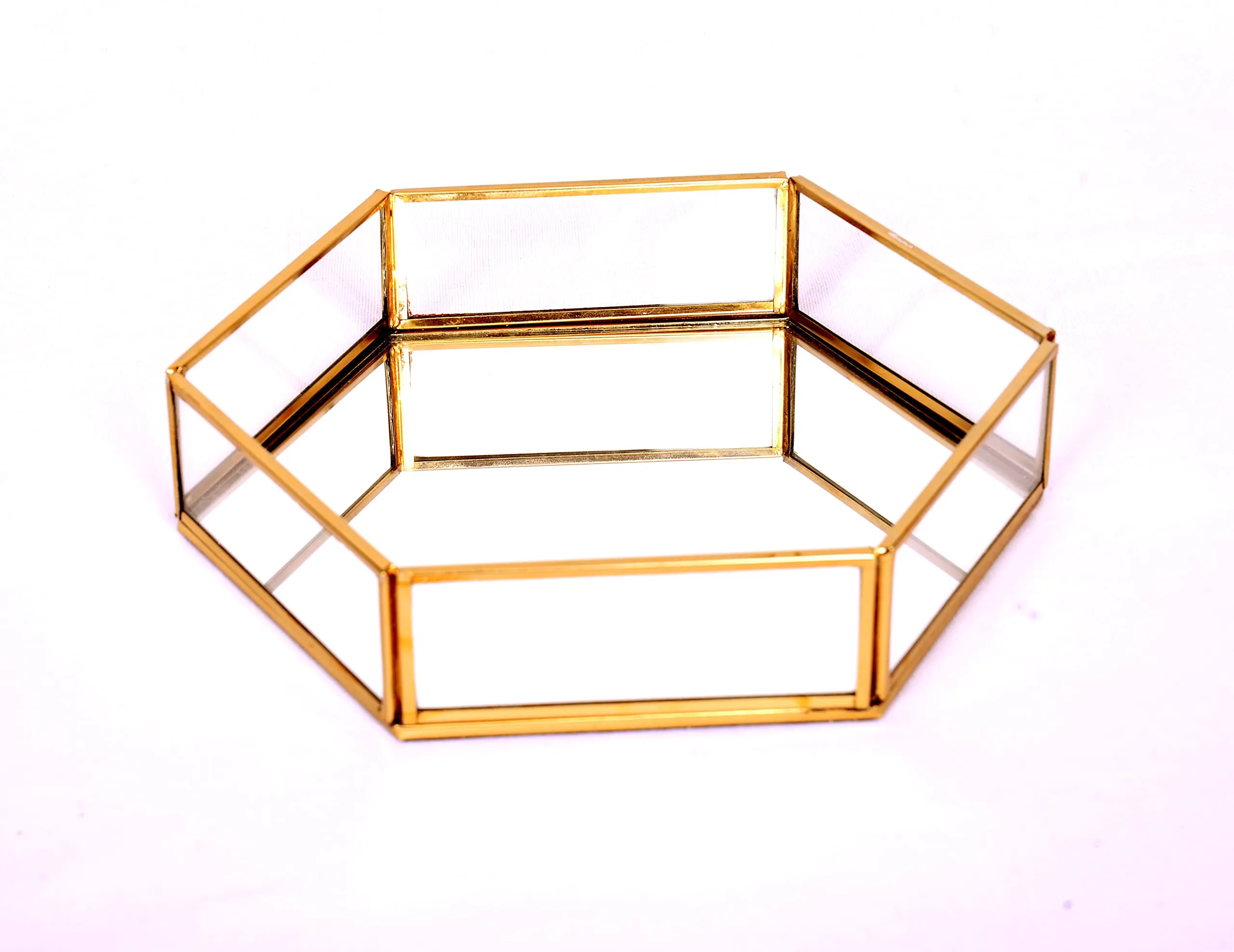 THE UNIQUE DESIGNS Unique Makeup Brush Holder, Handcrafted Clear Glass and Brass Metal Vintage Storage Jewelry and Cosmetic Makeup Brush Holder Organizer Box (Hexa Tray Large, Gold)