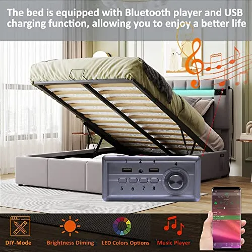 Upholstered Full Size Platform Bed with Lifting Storage, Full Lift-up Storage Bed with LED Light Headboard, Bluetooth Player and USB Charging, Full Size Bed Frame with Bentwood Slats, Grey