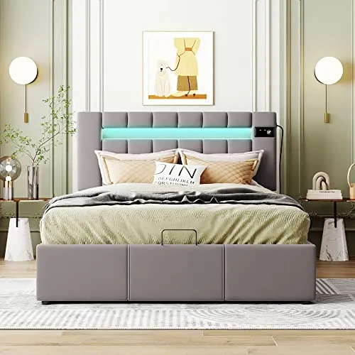 Upholstered Full Size Platform Bed with Lifting Storage, Full Lift-up Storage Bed with LED Light Headboard, Bluetooth Player and USB Charging, Full Size Bed Frame with Bentwood Slats, Grey