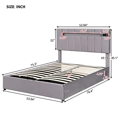 Upholstered Full Size Platform Bed with Lifting Storage, Full Lift-up Storage Bed with LED Light Headboard, Bluetooth Player and USB Charging, Full Size Bed Frame with Bentwood Slats, Grey