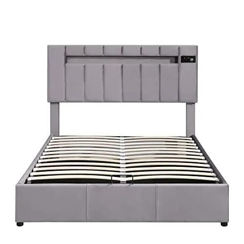 Upholstered Full Size Platform Bed with Lifting Storage, Full Lift-up Storage Bed with LED Light Headboard, Bluetooth Player and USB Charging, Full Size Bed Frame with Bentwood Slats, Grey