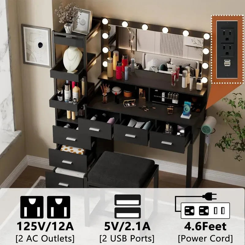 Vanity Makeup Desk Set with LED Lighted Hollywood Mirror, Power Outlet, and Extensive Storage