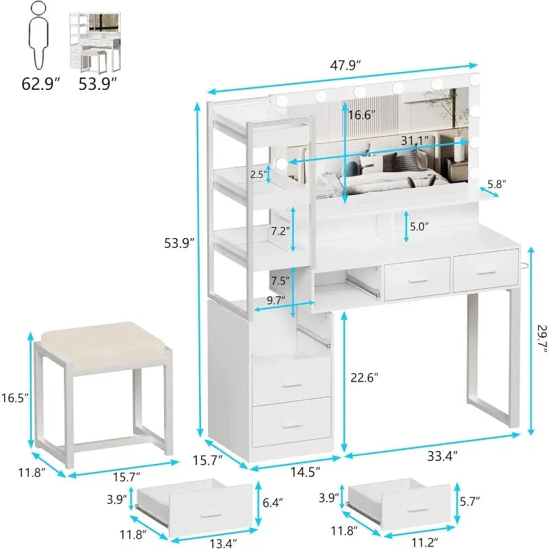 Vanity Makeup Desk Set with LED Lighted Hollywood Mirror, Power Outlet, and Extensive Storage