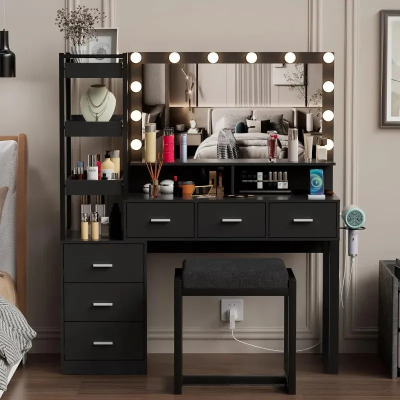 Vanity Makeup Desk Set with LED Lighted Hollywood Mirror, Power Outlet, and Extensive Storage