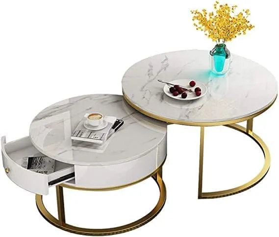 Zamofy Marble Laminated Round Coffee Table Set of 2, Modern Stacking Sofa Center Table Round End Tables with 1 Drawer Storage and Metal Frame