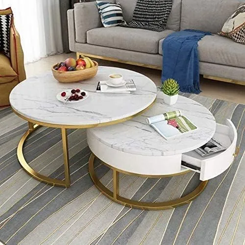 Zamofy Marble Laminated Round Coffee Table Set of 2, Modern Stacking Sofa Center Table Round End Tables with 1 Drawer Storage and Metal Frame