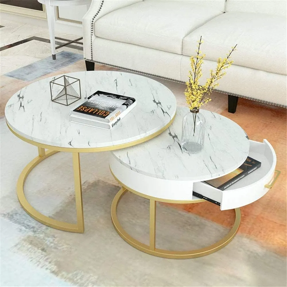 Zamofy Marble Laminated Round Coffee Table Set of 2, Modern Stacking Sofa Center Table Round End Tables with 1 Drawer Storage and Metal Frame