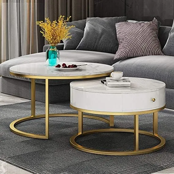 Zamofy Marble Laminated Round Coffee Table Set of 2, Modern Stacking Sofa Center Table Round End Tables with 1 Drawer Storage and Metal Frame