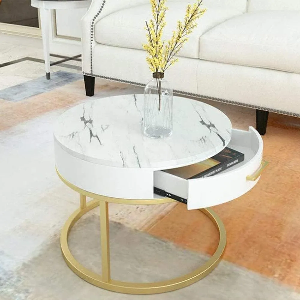 Zamofy Marble Laminated Round Coffee Table Set of 2, Modern Stacking Sofa Center Table Round End Tables with 1 Drawer Storage and Metal Frame