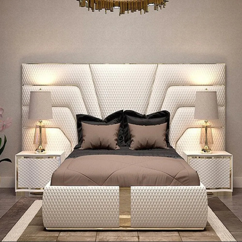 Zigzag Premium Upholstered Bed With Side Tables in Leatherette